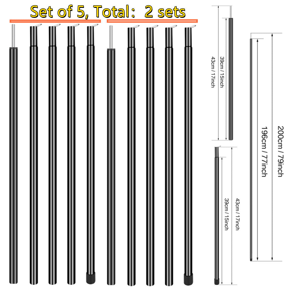 Set of 2 Tent Poles Adjustable Tarp Poles Steel Rods for Sun Shelter Tarp Canopy Camping Replacement With Pegs & Ropes
