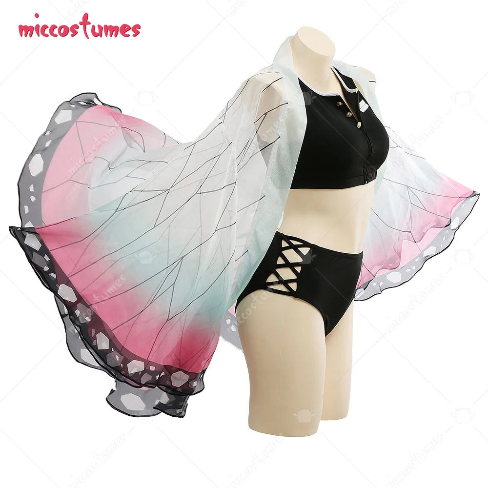 Beach Camp Women Bathing Suit Two Piece Bathing Suit Swimwear with Strapped Butterfly-Printed Kimono Haori Cover Up