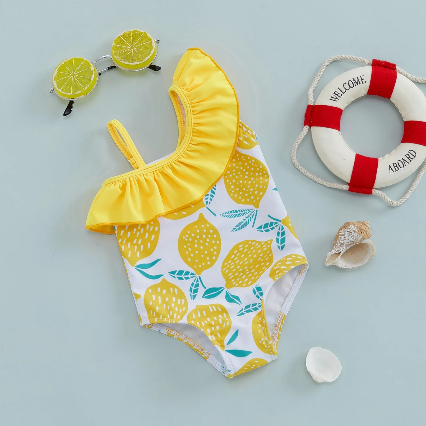 Beach Camp Children Girl Summer Swimsuit Beach Wear Ruffle Sleeveless One Shoulder Lemon Print Baby Bathing Suit Infant Swimwear