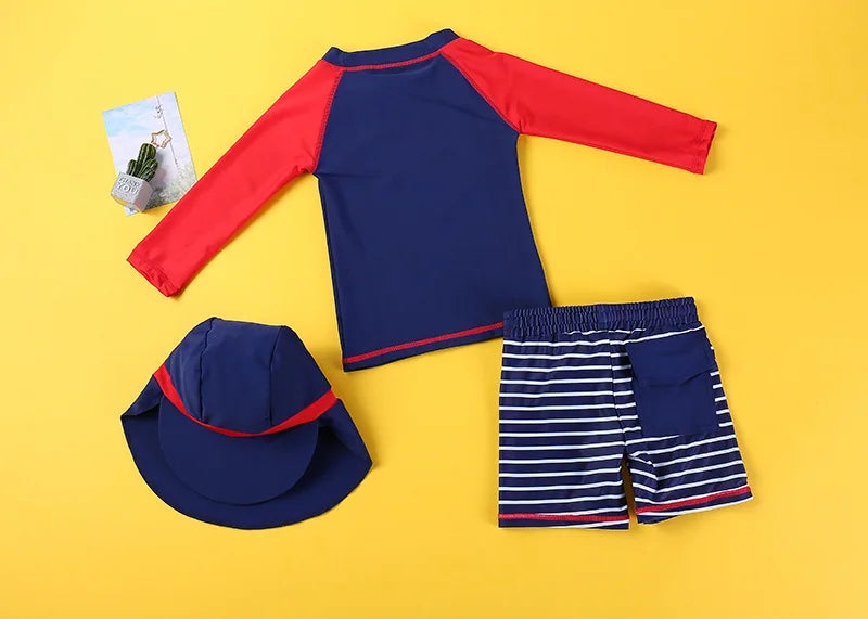 Beach Camp 2025 Summer Split Swimsuit Set Baby Boys Girls Long Sleeves/Short Sleeves Bathing Suit+Swim Shorts+Swimming Cap Three-piece Set