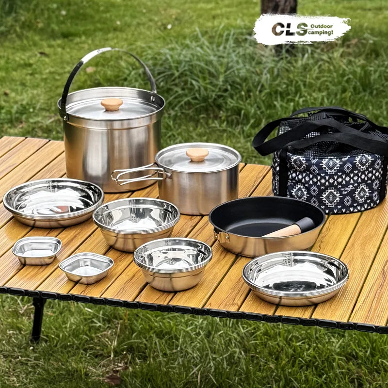 NOBANA&CLS Newset Outdoor Camping Stainless Steel 14P 22PCS Triple Stencorpel Set Camping Dinware Bowl Pot Set Household Pot
