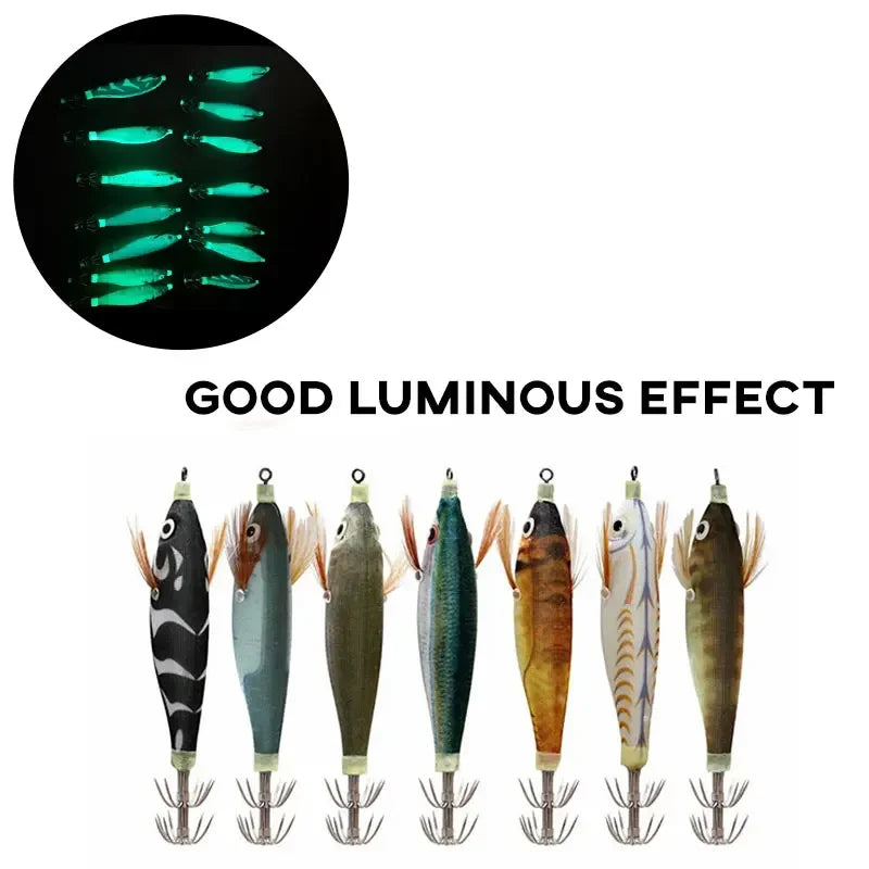 Fishing Lure 14PCS Fishing Wood Shrimp Luminous Squid Octopus Cuttlefish Bait 3D Eye Hard Bait Professional Fishing Tool