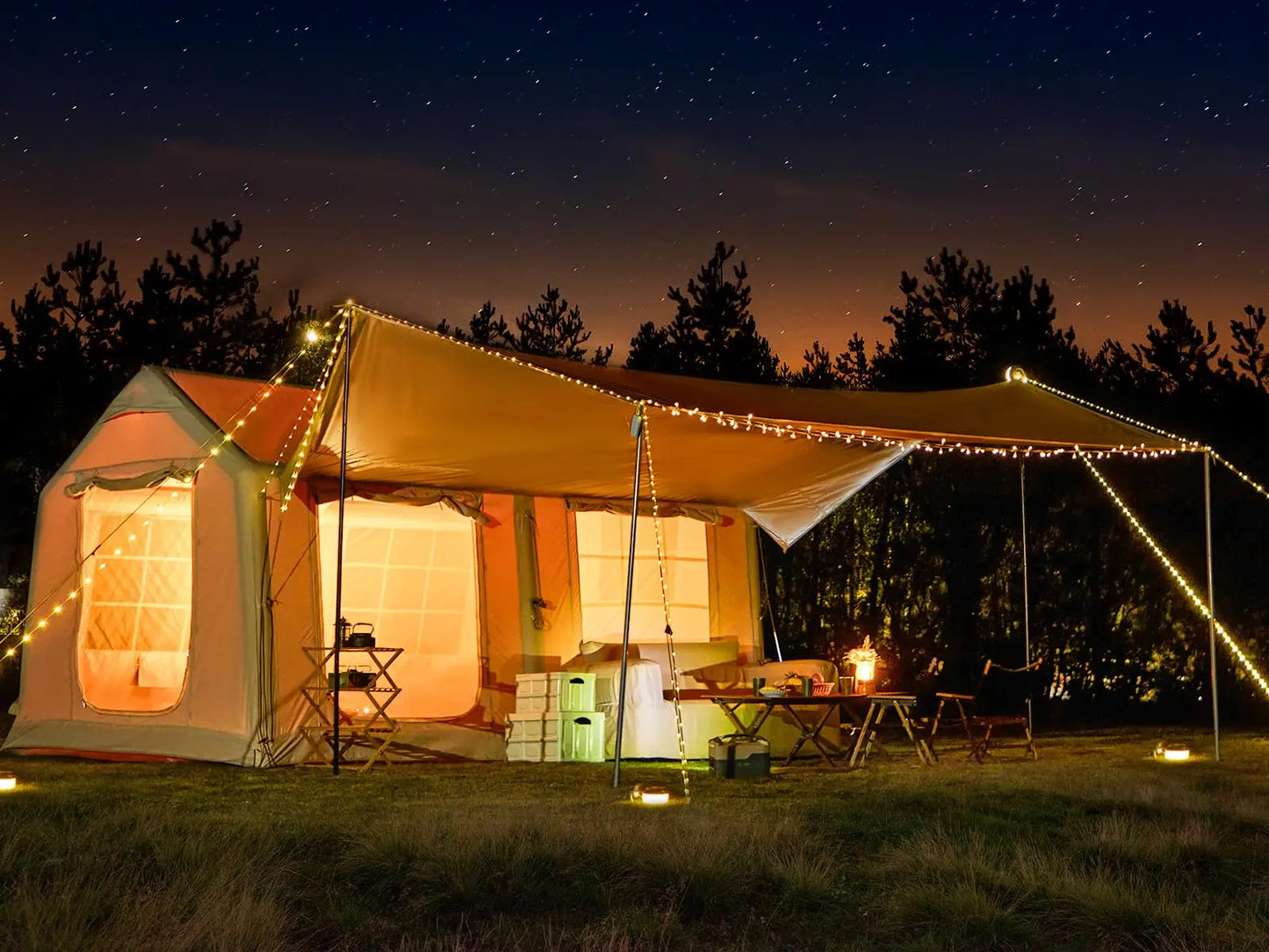 Beach Camp 129SqFt Large Inflatable Tent for Camping, blow up Tents with Canopy, Inflatable House Tent with Stove Jack,4 Season Glamping Tent