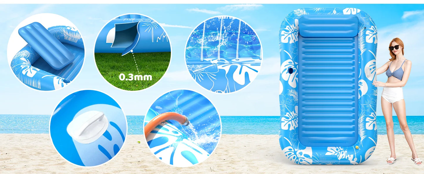Beach Camp Inflatable Tanning Pool Lounger Float with Sprinkler, 77" x 48" Pool Floats Adult with Pillow, 6 in 1 Suntan Tub Raft Floatie