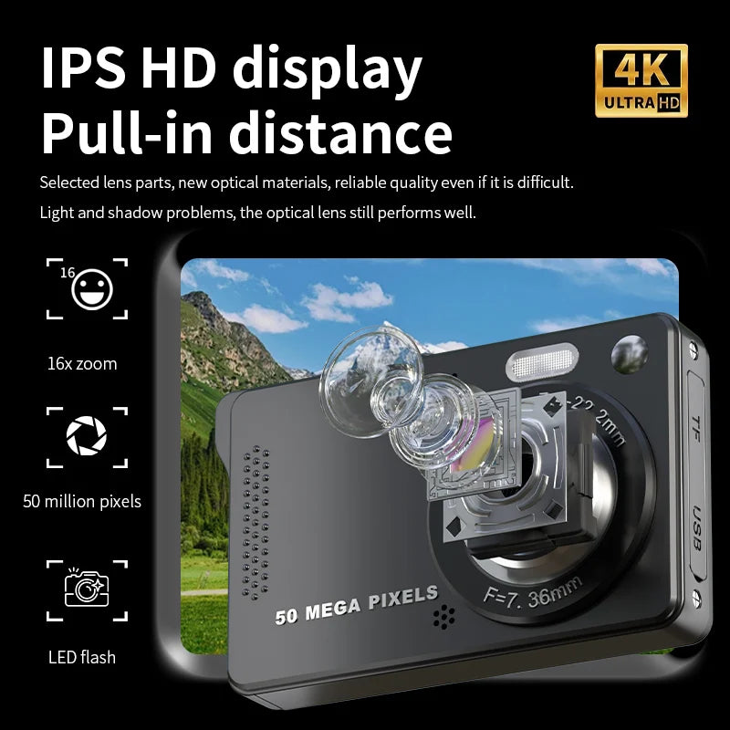 Beach Camp 4K Digital Cameras 50 MP Portable Vlogging Camera 16X Zoom Camcorder Camera 2.8 Inch LCD Screen for Photography and Video