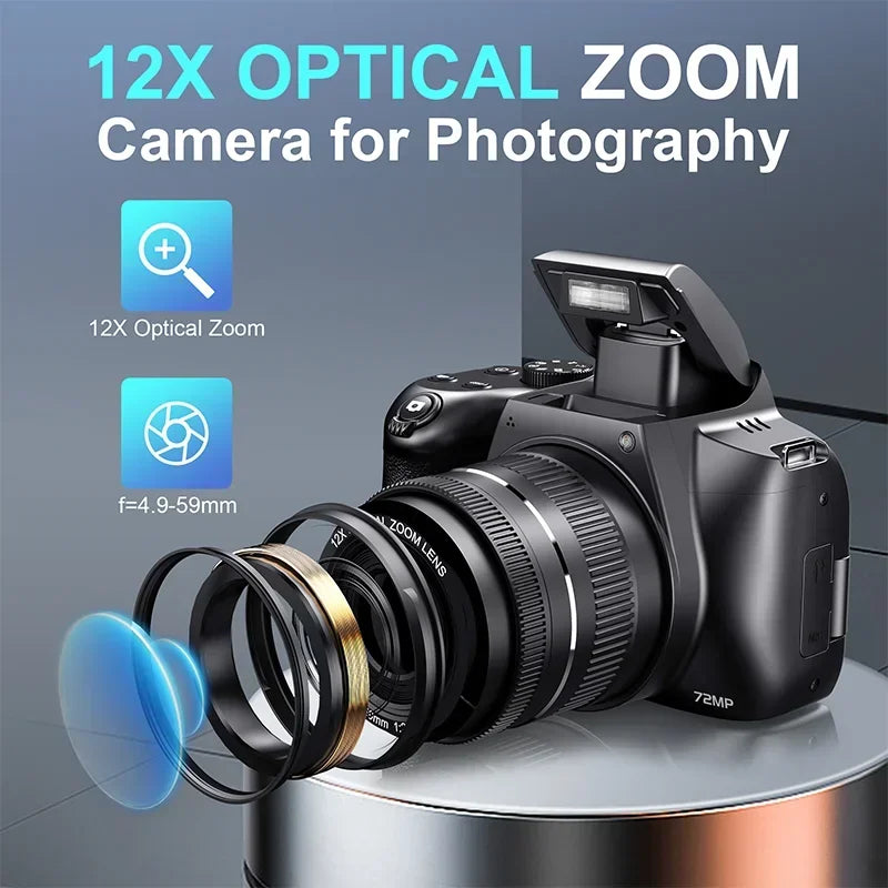 Beach Camp Digital Camera 4K 72MP 12X Optical Zoom UHD Professional photography Flash light Auto-Focus WIFI for INS Youtube Webcast