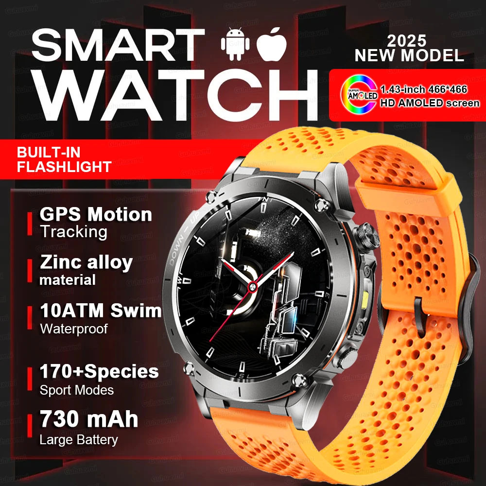 Beach Camp New GPS Smart Watch 1.43" Ultra HD Display Built-in GPS Compass 170 Sports Modes Voice Calling 10ATM Waterproof Smart Braceletes