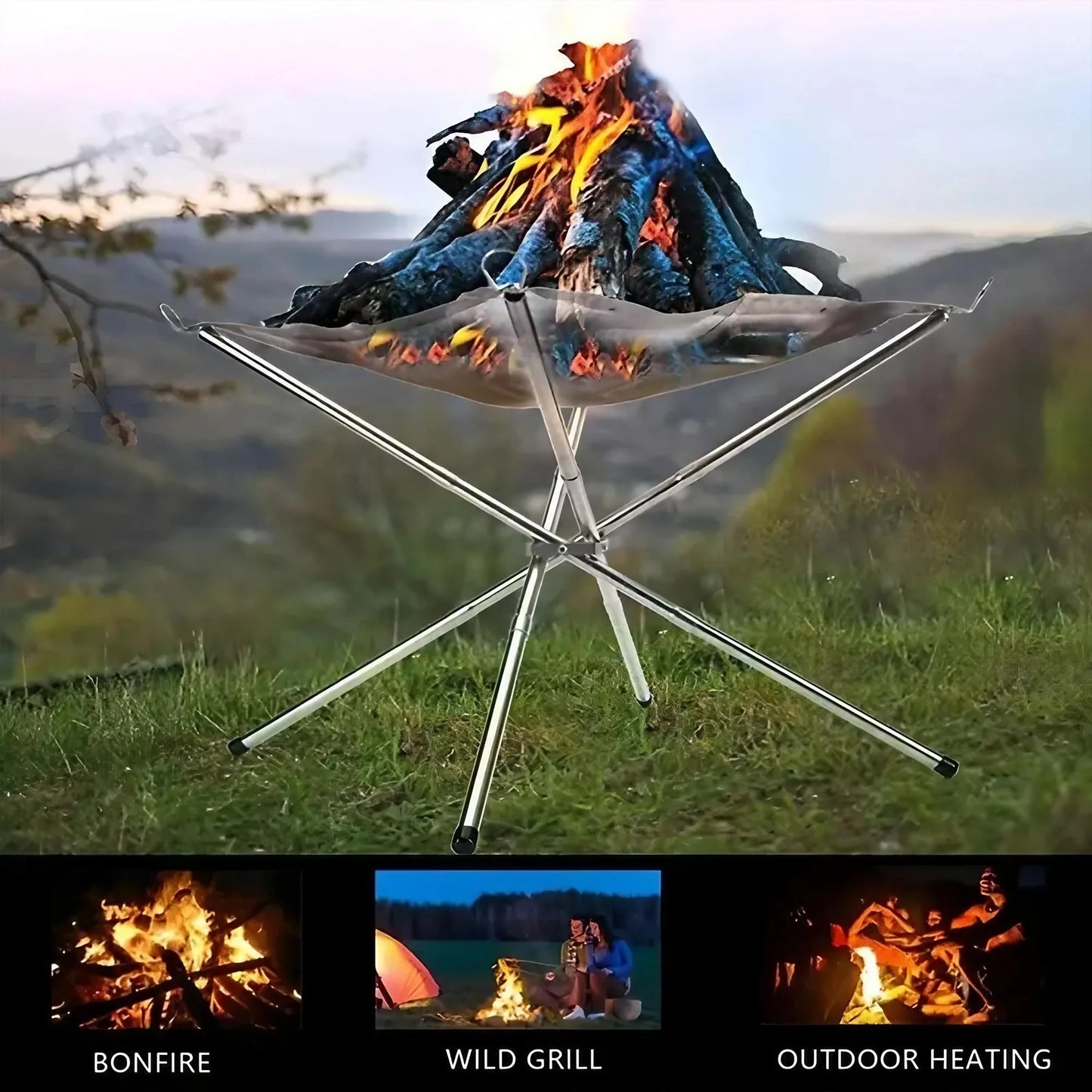 Beach Camp Folding Portable Steel Mesh Camping Fire Pit, Outdoor Wood Burning Bonfires Rack, Stainless Steel Fire Pit, with Carrying Bag
