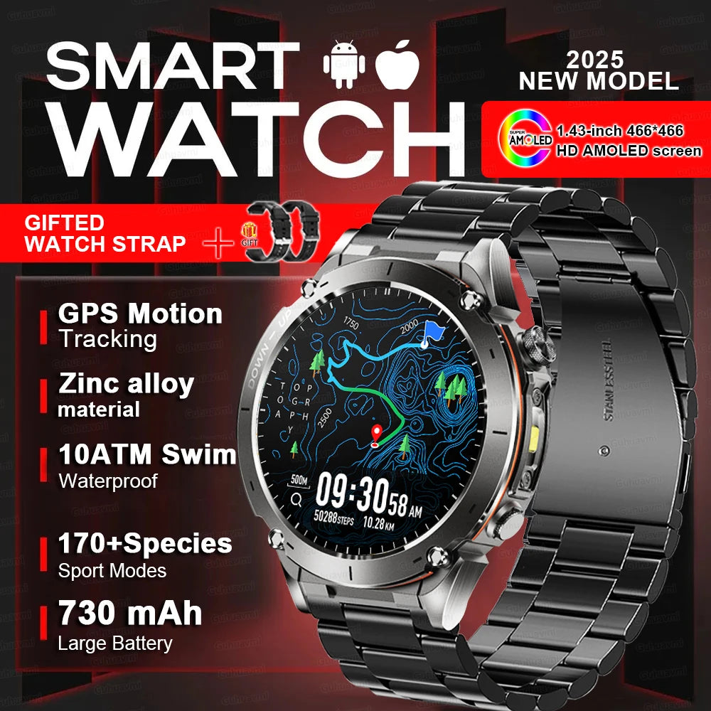 Beach Camp New GPS Smart Watch 1.43" Ultra HD Display Built-in GPS Compass 170 Sports Modes Voice Calling 10ATM Waterproof Smart Braceletes