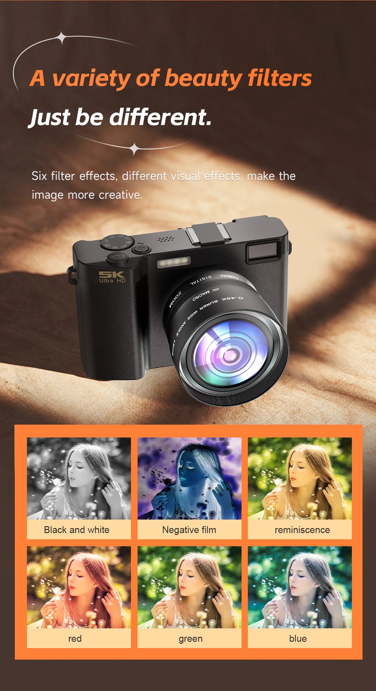 Beach Camp5K Professional Digital Camera WIFI Webcam Wide Angle Digital Zoom 64MP Camcorder Photography 3 Inch Screen Vlog Video Recorder