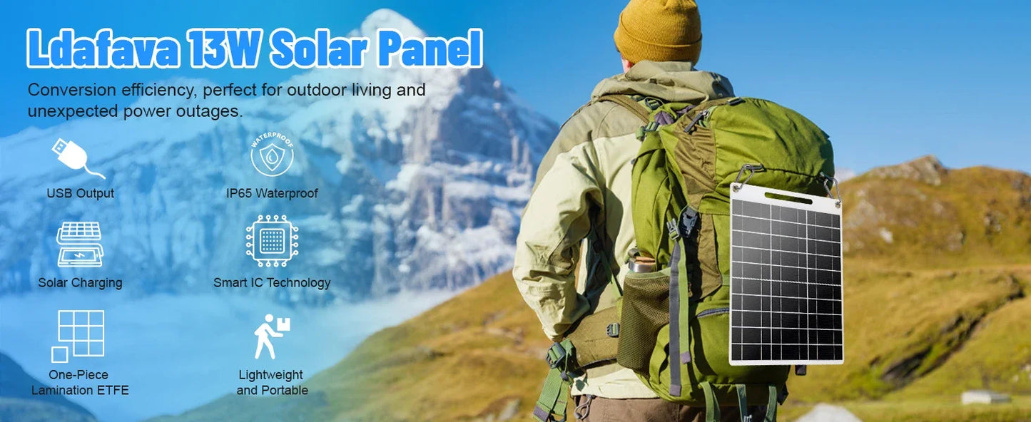Beach Camp Portable solar power bank with two USB ports, suitable for outdoor camping, charging mobile phones or other electronic devices.