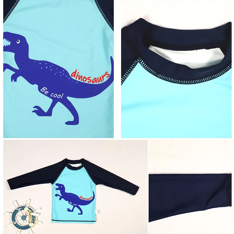 Beach Camp 3PCS Boys Split Swimsuit Sunscreen Prevention UPF 50+ Quick Dry Dinosaur Print Trunk Long Sleeve Rashguard Swimwear Sun Hat Set