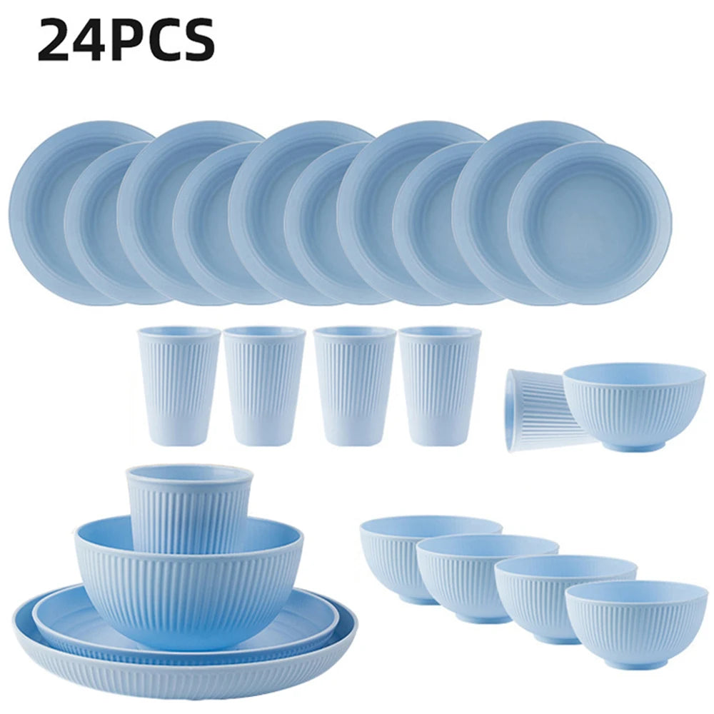 24Pcs Plastic Dining Plate Bowl Cup Tableware Set for 6 People Dinner Dessert Plate Set Outdoor Camping Party
