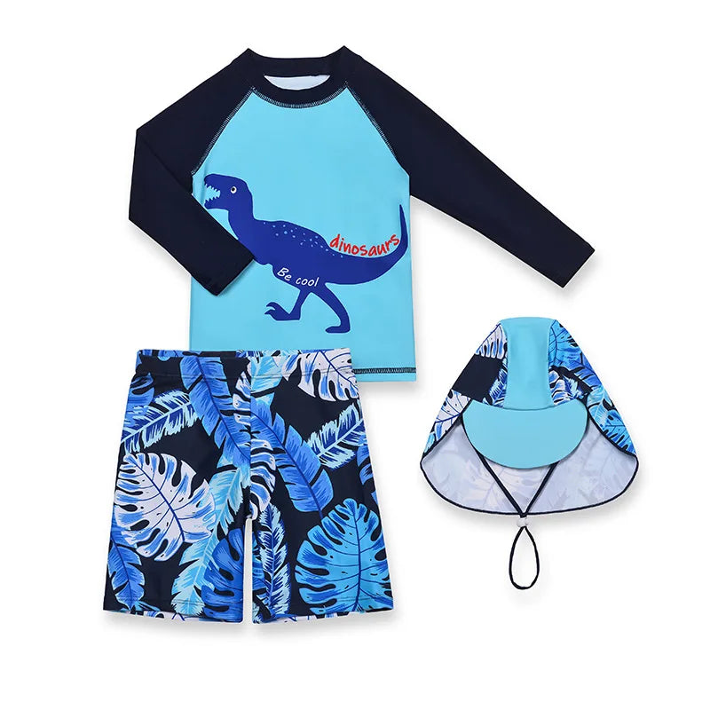 Beach Camp 3 Pcs Boy Swimsuit Sun Protection UPF 50+ Long Sleeve Swimming Sunsuit With Hat Split Cartoon Dinosaur Bathing Suits Children