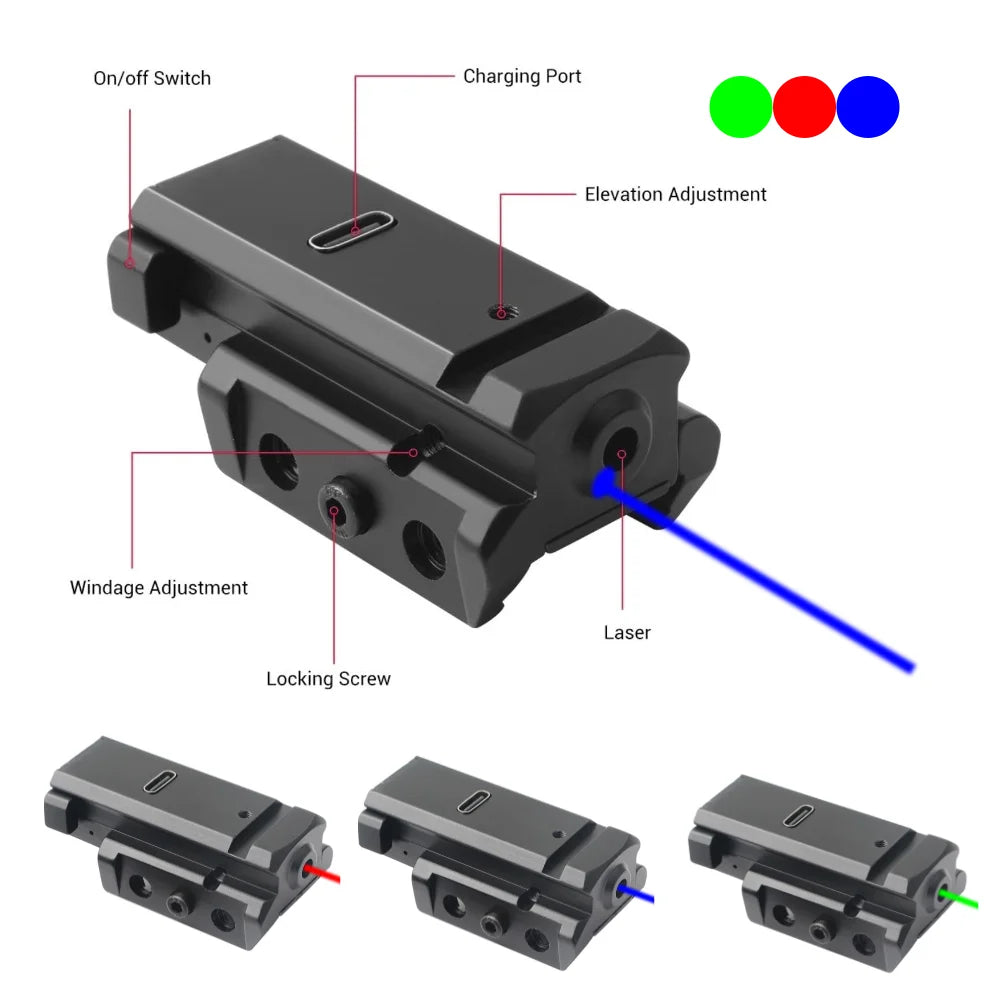 Beach Camp Blue Laser Sight fit for Picatinny Weaver Rail for Pistol Glock USB Type-C Charging Red Green Laser Sight