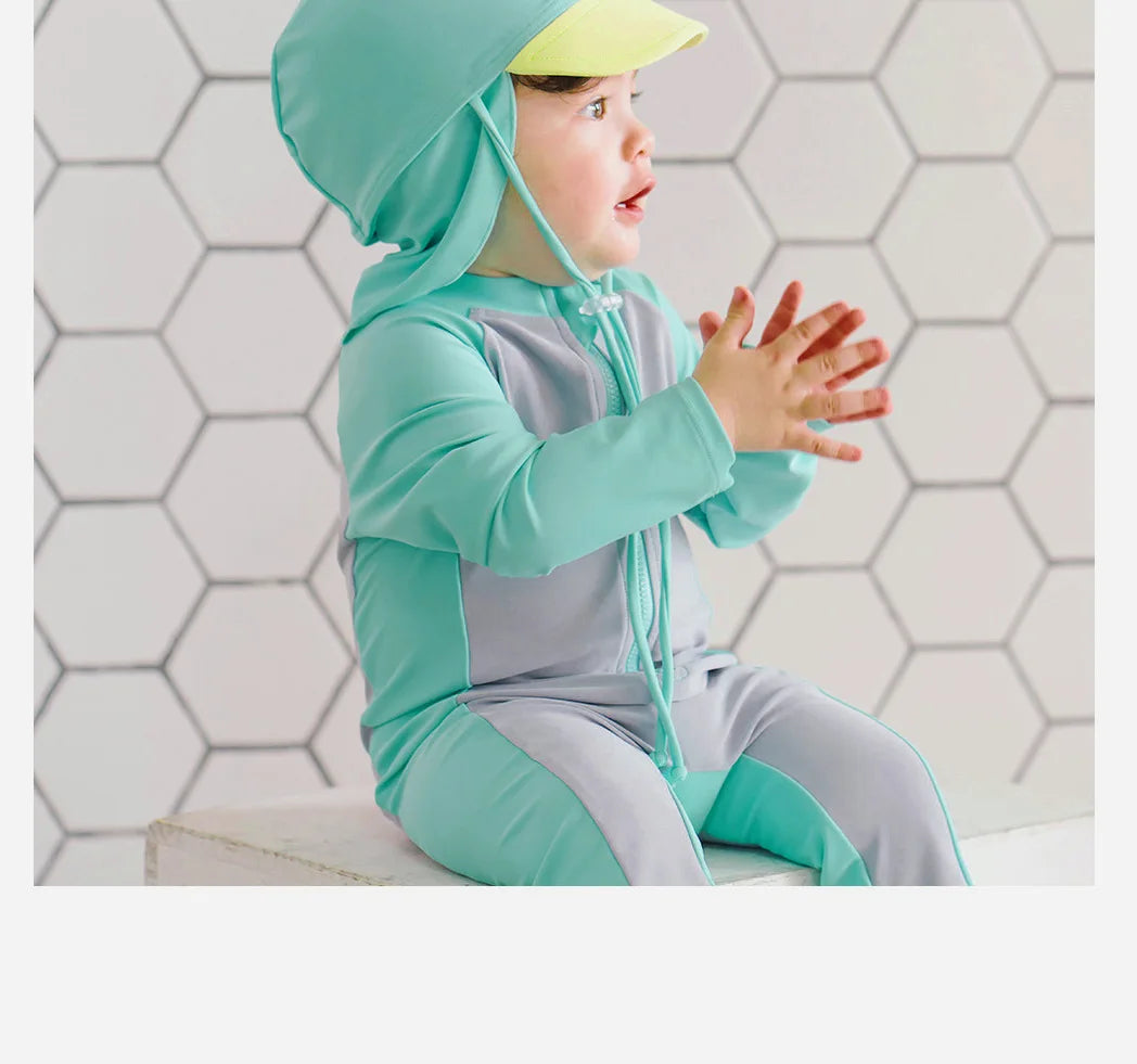 Beach Camp Baby Swimwear One-piece Bathing Suit Boys Girls Swimsuit Long Sleeves and Pants Sun Protection Surf Suit with Sun Hat