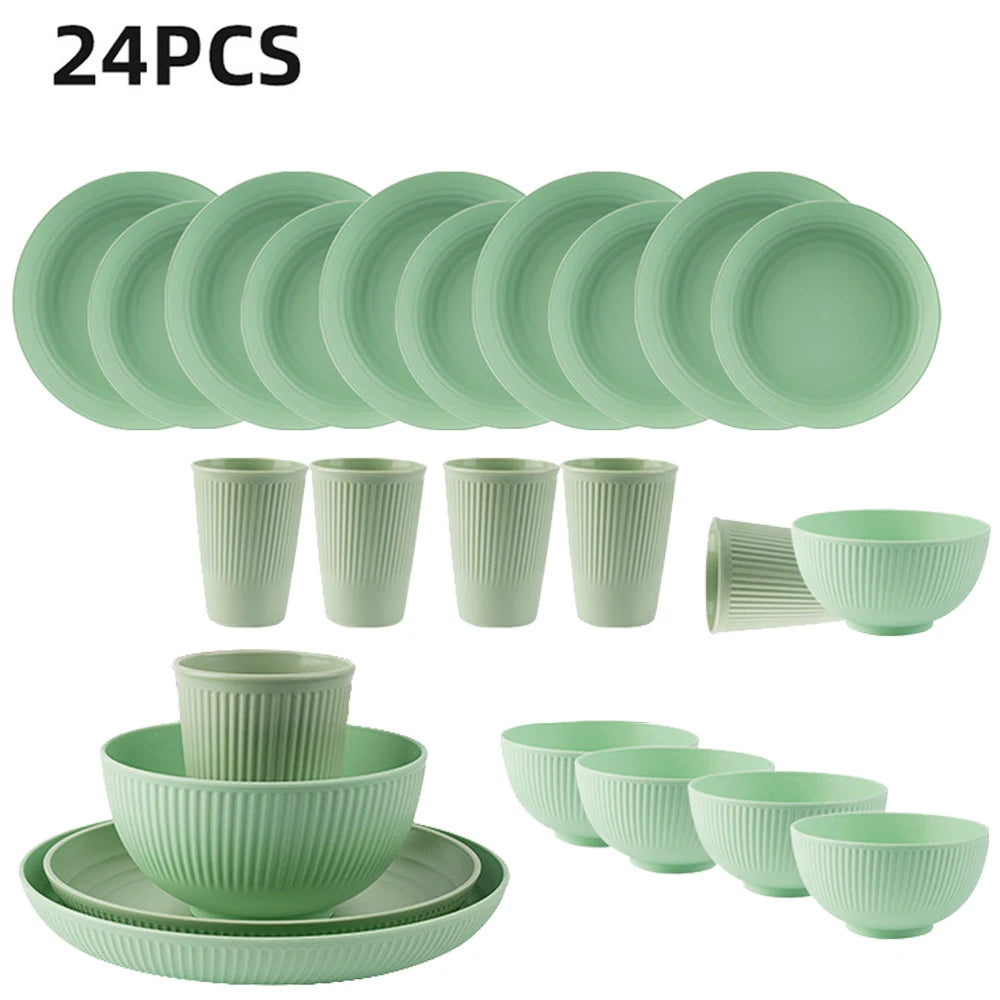 24Pcs Plastic Dining Plate Bowl Cup Tableware Set for 6 People Dinner Dessert Plate Set Outdoor Camping Party