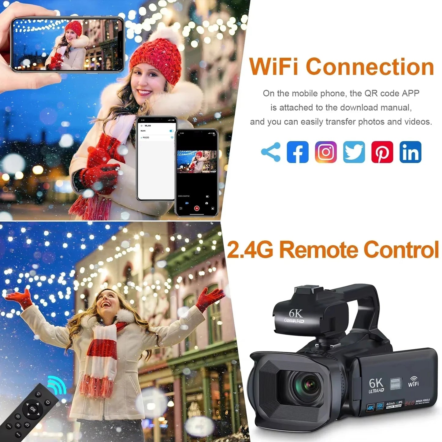 Beach Camp 6K 60FPS Professional Camcorder for Photography 64MP WiFi Livestream Webcam Video Cameras 18X Digital Zoom YouTube Vlog Recorder