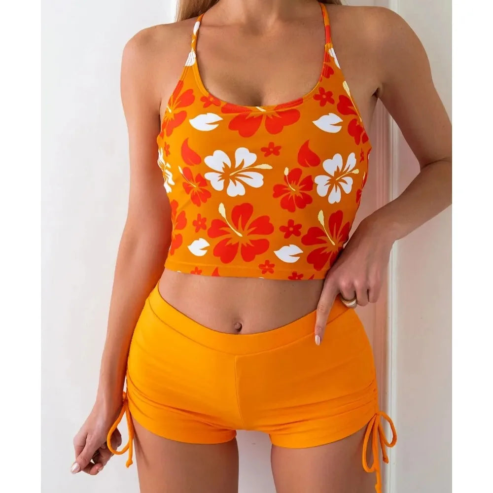 Beach Camp Printed Flower Tankini Set Girl Swimwear Adjustable Strap Vest Bra Female Flower Shorts Bikini Drawstring Women Beach Set