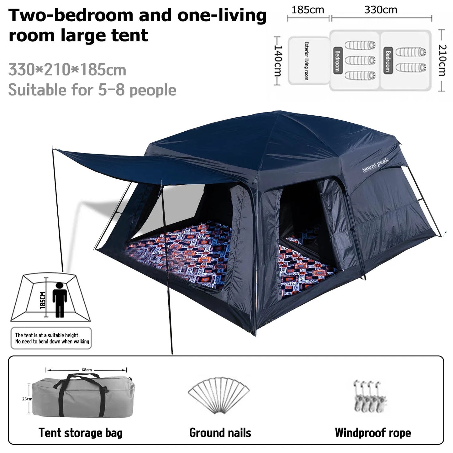 Beach Camp Outdoor Camping Family Tent, Thick Waterproof Family Camping Tour Equipment, Double Layer for 3-12 Persons, Oversized 2 Rooms