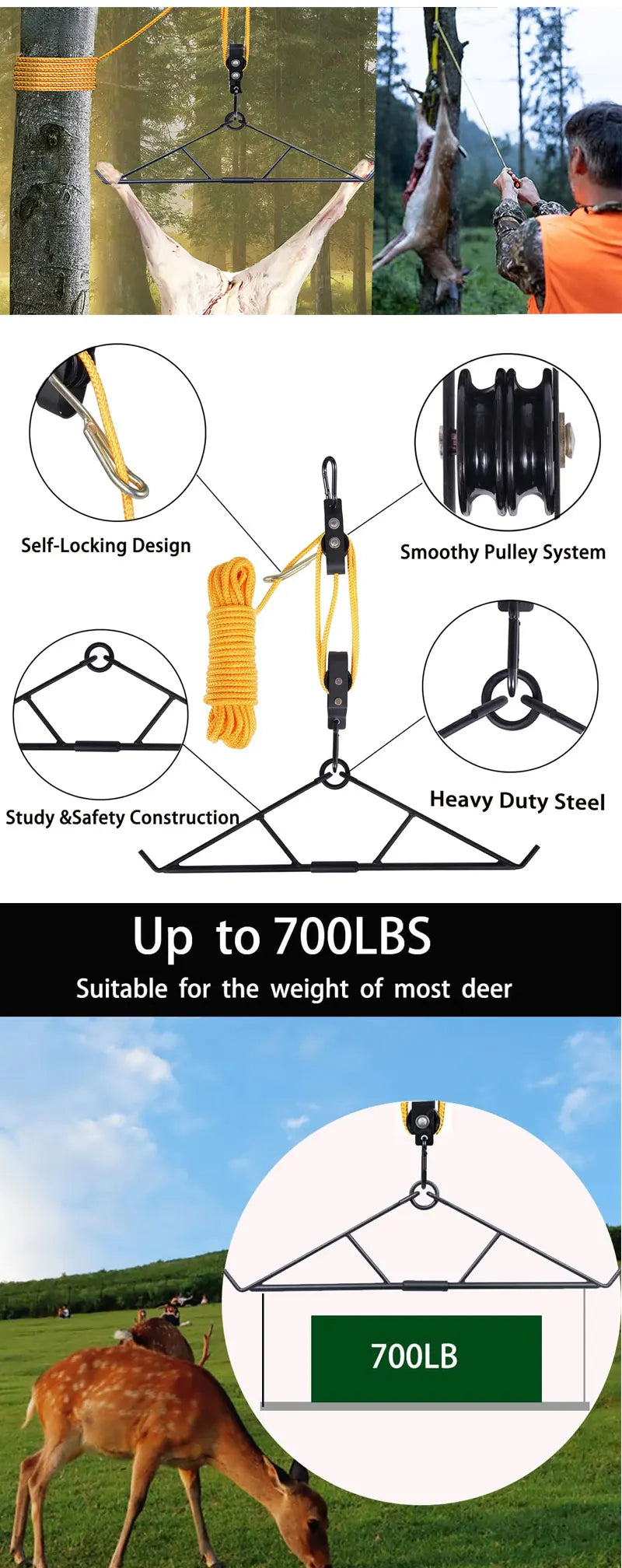 Deer Hunting Gear Deer Hanger Hoist for Skinning Elk Hunting Game Bags Deer Game Hauler Sled Drag Harness Perfect for Hunters