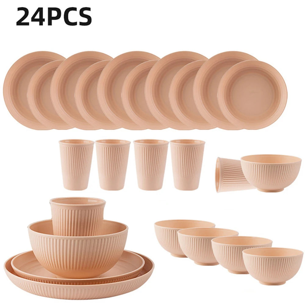 24Pcs Plastic Dining Plate Bowl Cup Tableware Set for 6 People Dinner Dessert Plate Set Outdoor Camping Party