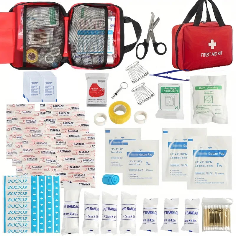 Multi-purpose First Aid Kit with Carry Bag - for outdoor adventures, hunting, hiking and camping - includes camping gear