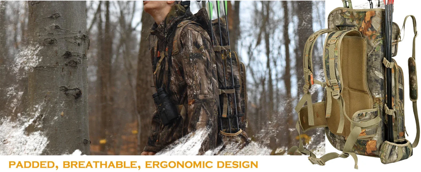 Beach Camp Bow Hunting Backpack for Men, Camo Compound Bag & Tree Saddle Back Pack with Bow Holder, for Elk Turkey Bear Deer
