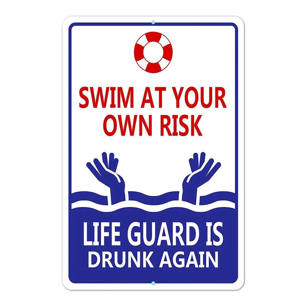 Beach camp Pool Rules Sign for Outdoor, Backyard Metal Swimming Pool Sign, No Diving No Running No Peeing No Lifeguard on Duty Sign