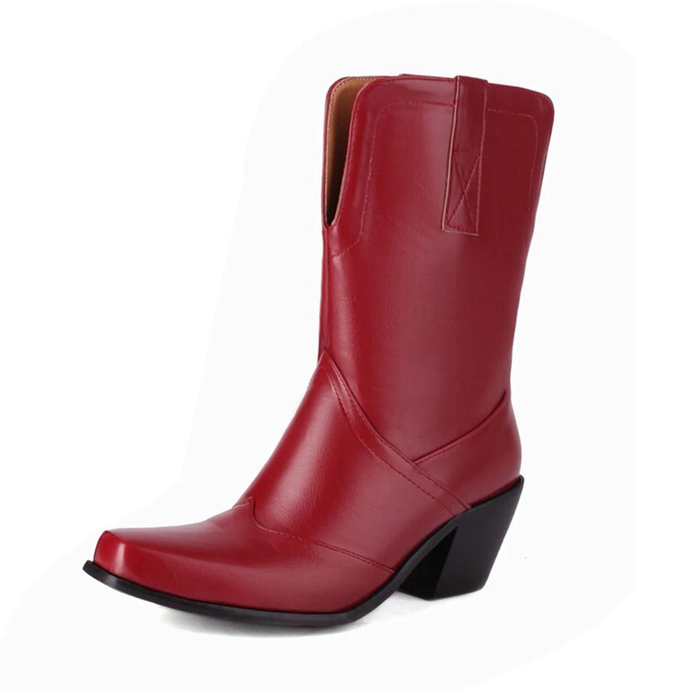 Botas De Mujer Western Cowboy Boots Retro Black Mid Calf Boots for Women Thick High Heels Goth Shoes Big Size 34-48 777-11