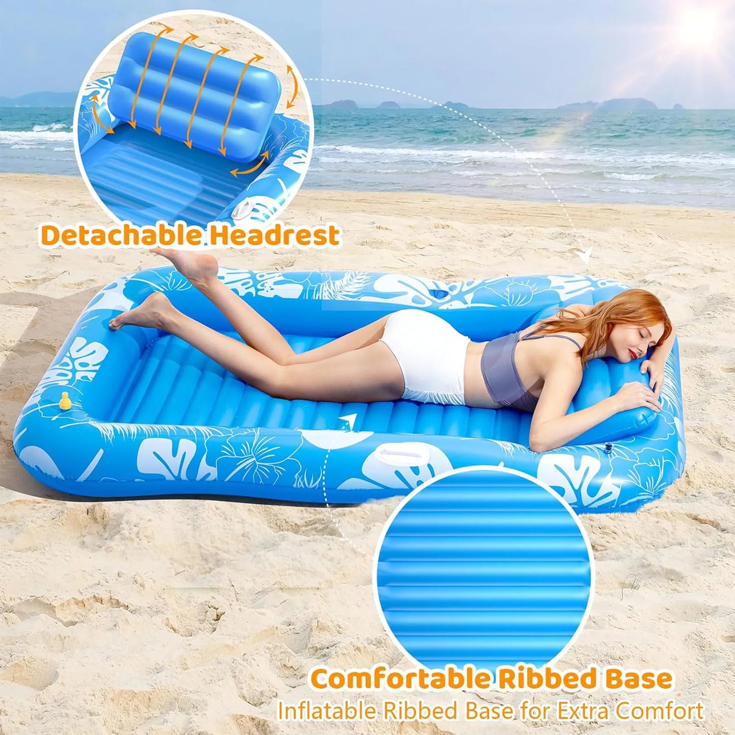 Beach Camp Inflatable Tanning Pool Lounger Float with Sprinkler, 77" x 48" Pool Floats Adult with Pillow, 6 in 1 Suntan Tub Raft Floatie