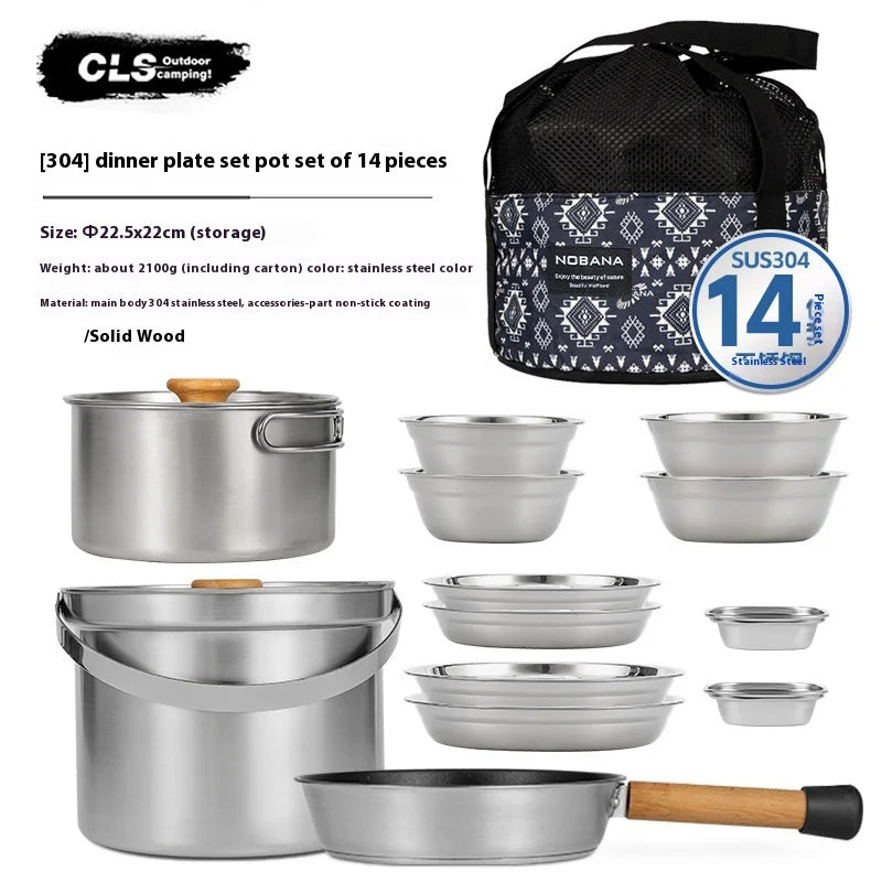 NOBANA&CLS Newset Outdoor Camping Stainless Steel 14P 22PCS Triple Stencorpel Set Camping Dinware Bowl Pot Set Household Pot