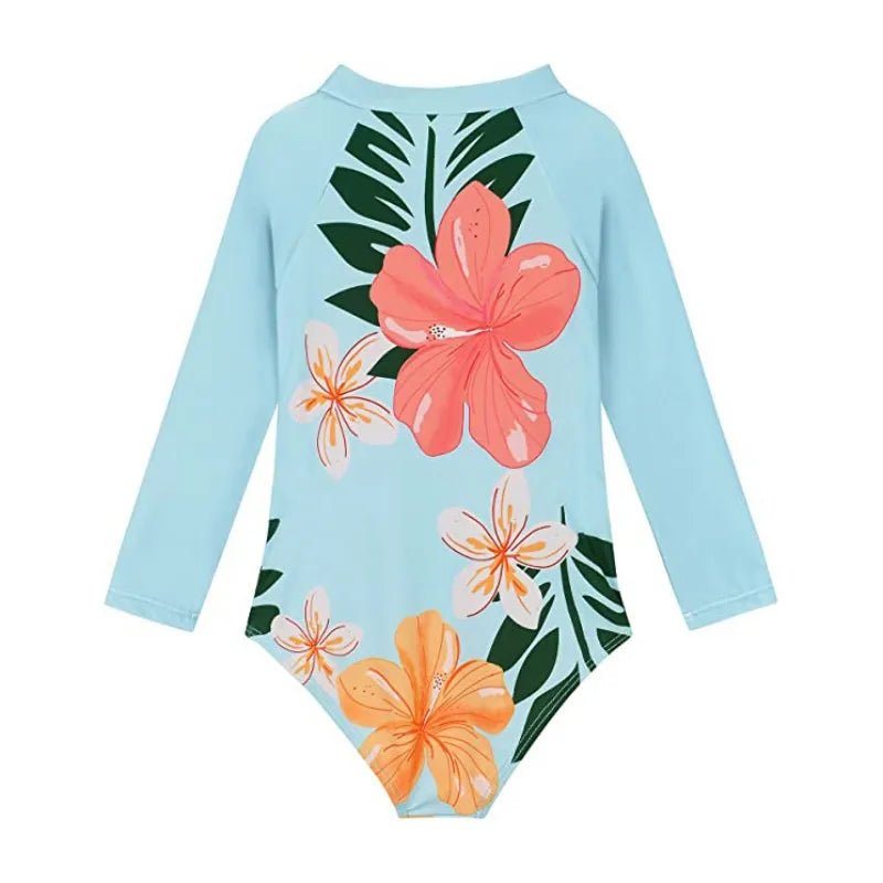 Beach Camp New Children Swimsuits Girls Fashion Designed Long Sleeve One-Piece Swimwear Toddler Kids Sun Protection Bathing Suits Beachwear