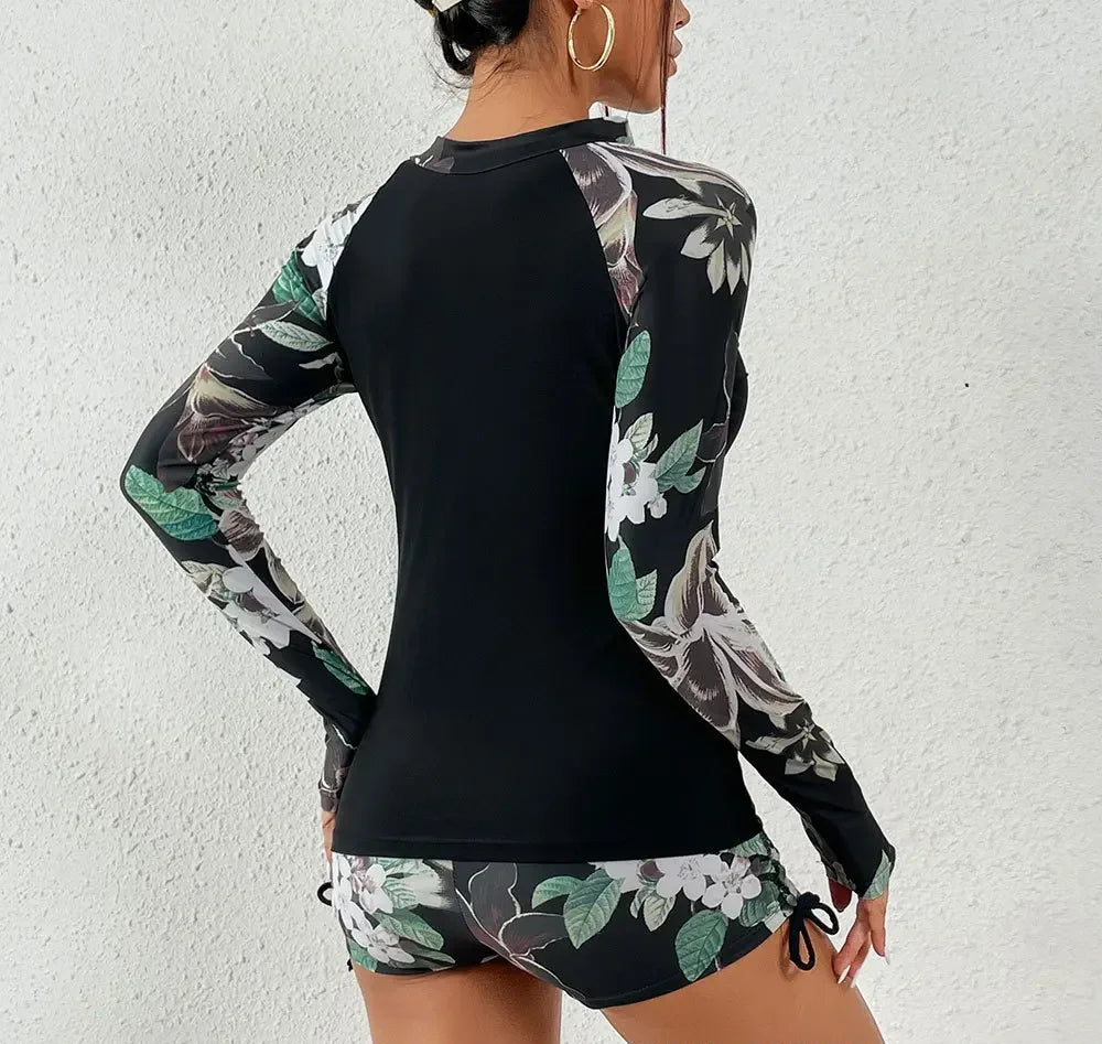 Beach Camp Female Swimsuit/Rash Guard with Long Sleeves Swimwear Sports Surfing Tankini Set Beachwear Two-Piece Bathing Suits Pool Women Swimming Suit