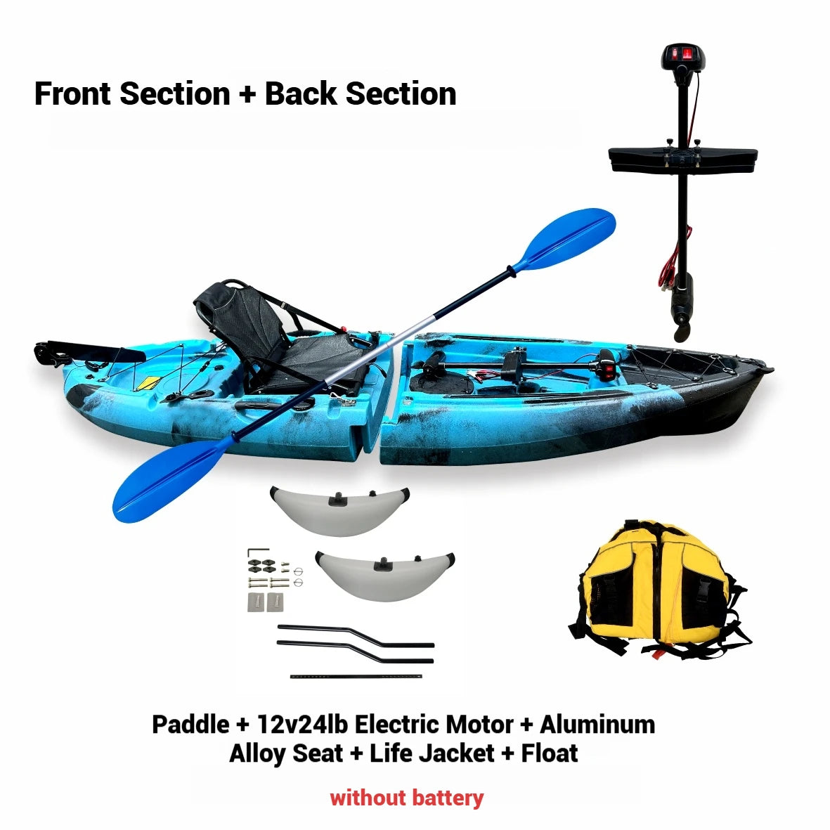 Beach Camp Portable LLDPE Kayak with Split Hard Shell, Electric/Pedal-Driven Canoe for Solo/Tandem Lake/Sea Adventures, Modular Assembly
