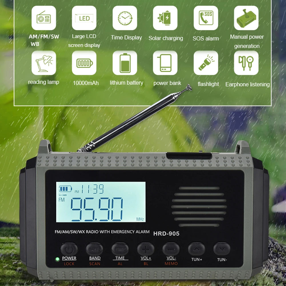 Beach Camp 12000mAh AM/FM/NOAA Emergency Radio Mini Portable Radio Solar Hand Crank Wnid-up Weather Alert Emergency Radio Survival Lamp