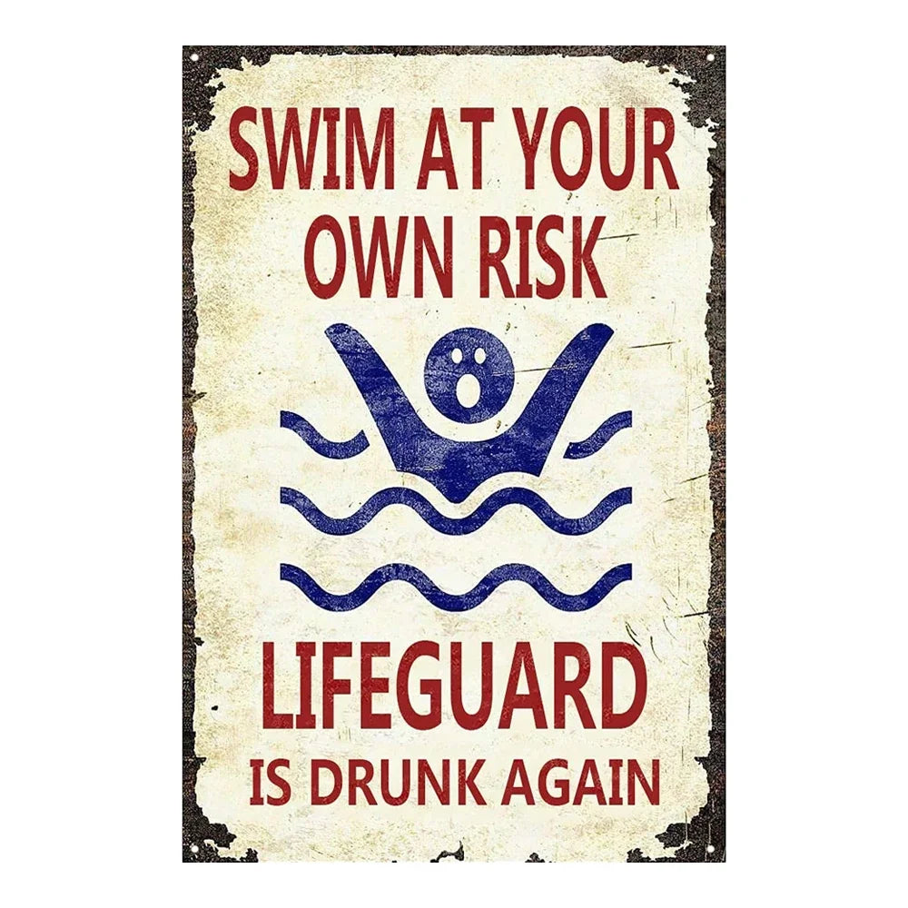Beach camp Pool Rules Sign for Outdoor, Backyard Metal Swimming Pool Sign, No Diving No Running No Peeing No Lifeguard on Duty Sign