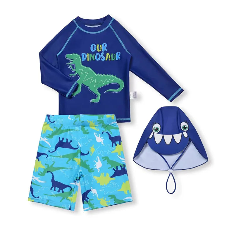 Beach Camp 3 Pcs Boy Swimsuit Sun Protection UPF 50+ Long Sleeve Swimming Sunsuit With Hat Split Cartoon Dinosaur Bathing Suits Children