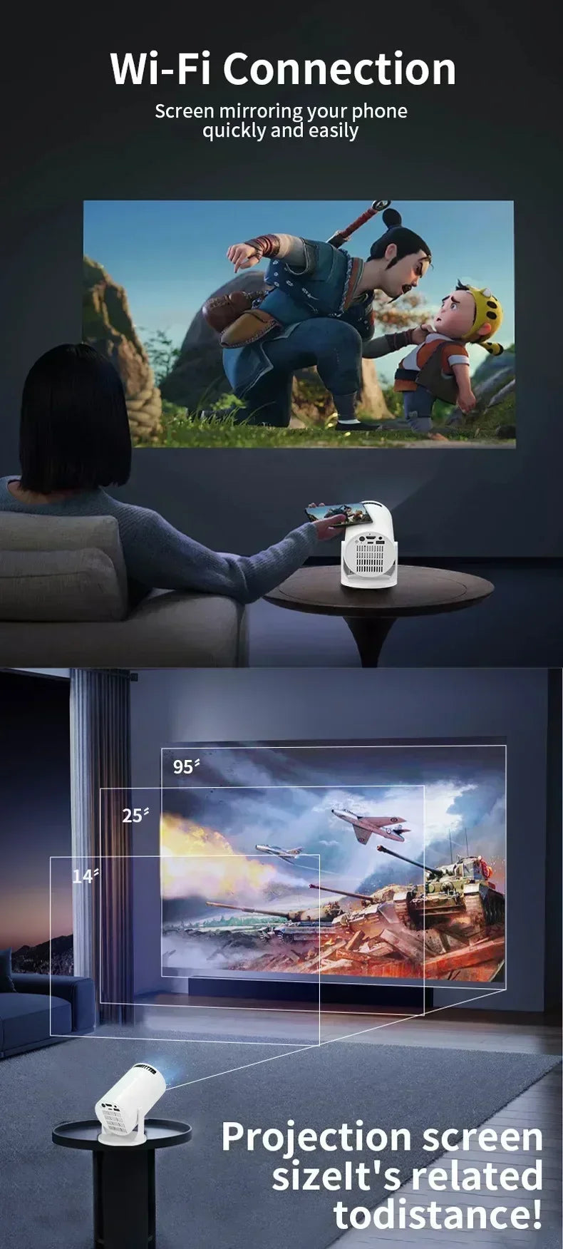 Beach Camp Outdoor Movie Projector 1080P LED, 270° Adjustable Angle, Support USB/TV Box/Phone/PC for Camping