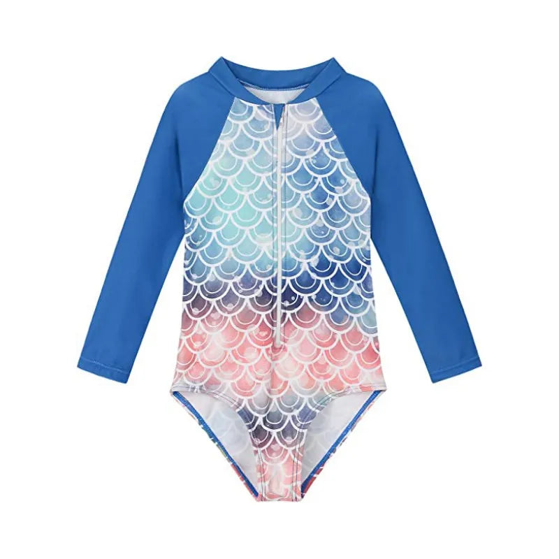 Beach Camp New Children Swimsuits Girls Fashion Designed Long Sleeve One-Piece Swimwear Toddler Kids Sun Protection Bathing Suits Beachwear