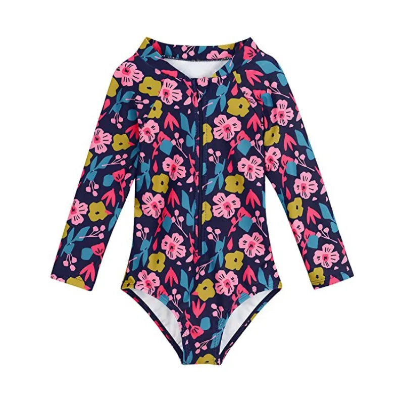 Beach Camp New Children Swimsuits Girls Fashion Designed Long Sleeve One-Piece Swimwear Toddler Kids Sun Protection Bathing Suits Beachwear