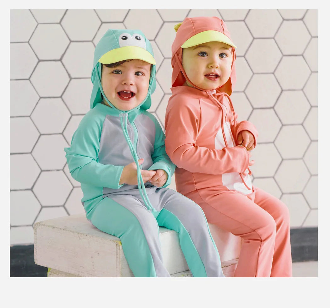 Beach Camp Baby Swimwear One-piece Bathing Suit Boys Girls Swimsuit Long Sleeves and Pants Sun Protection Surf Suit with Sun Hat