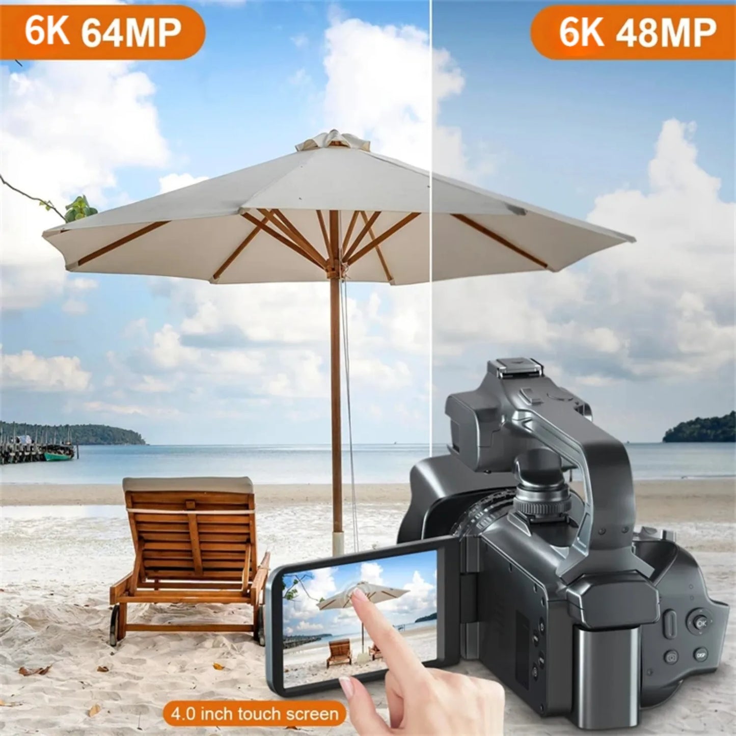 Beach Camp 6K 60FPS Professional Camcorder for Photography 64MP WiFi Livestream Webcam Video Cameras 18X Digital Zoom YouTube Vlog Recorder