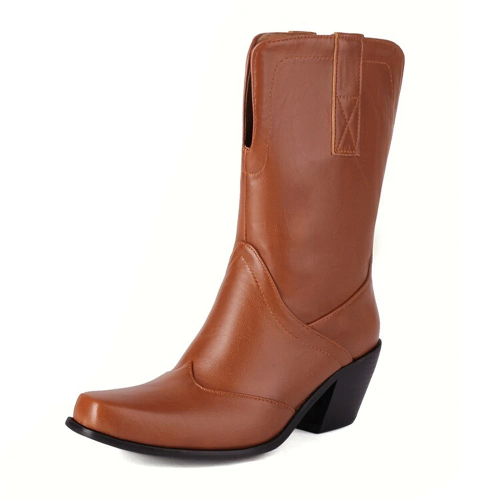 Botas De Mujer Western Cowboy Boots Retro Black Mid Calf Boots for Women Thick High Heels Goth Shoes Big Size 34-48 777-11