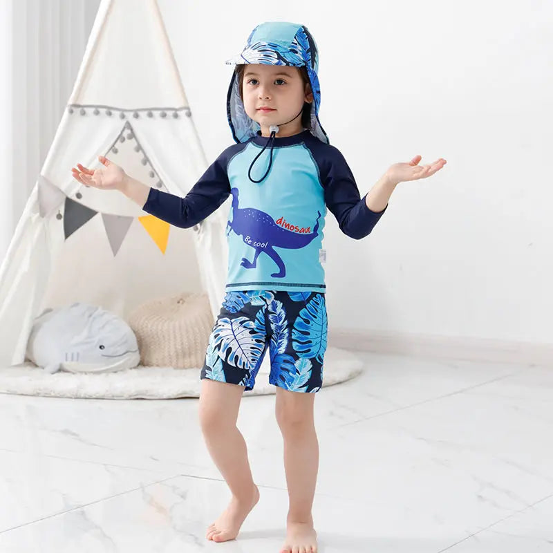 Beach Camp 3PCS Boys Split Swimsuit Sunscreen Prevention UPF 50+ Quick Dry Dinosaur Print Trunk Long Sleeve Rashguard Swimwear Sun Hat Set
