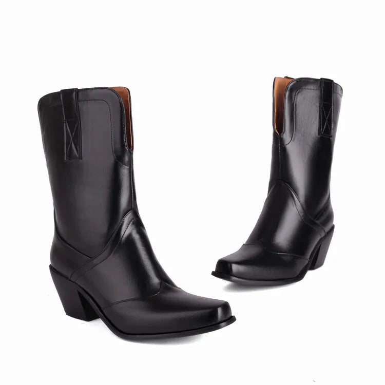 Botas De Mujer Western Cowboy Boots Retro Black Mid Calf Boots for Women Thick High Heels Goth Shoes Big Size 34-48 777-11