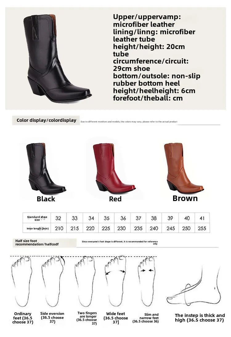 Botas De Mujer Western Cowboy Boots Retro Black Mid Calf Boots for Women Thick High Heels Goth Shoes Big Size 34-48 777-11