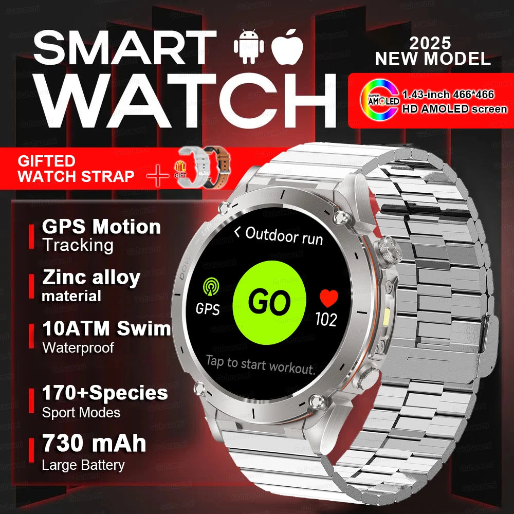 Beach Camp New GPS Smart Watch 1.43" Ultra HD Display Built-in GPS Compass 170 Sports Modes Voice Calling 10ATM Waterproof Smart Braceletes