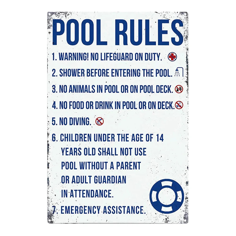 Beach camp Pool Rules Sign for Outdoor, Backyard Metal Swimming Pool Sign, No Diving No Running No Peeing No Lifeguard on Duty Sign
