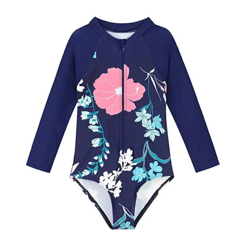 Beach Camp New Children Swimsuits Girls Fashion Designed Long Sleeve One-Piece Swimwear Toddler Kids Sun Protection Bathing Suits Beachwear